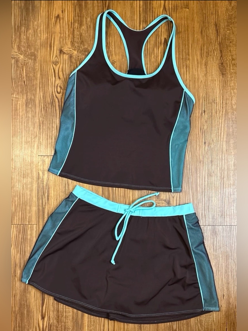 Cazimi Swim Brown & Aqua Y2k Tankini Top And Swim Skirt